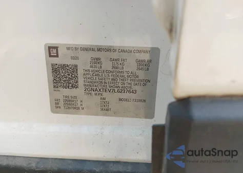 2020 Chevrolet Equinox Awd 2Fl z USA, uszkodzony, nr VIN 2GNAXTEV7L6237643